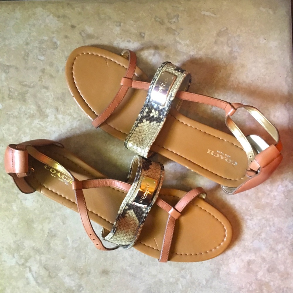 Coach New York Snake Print Cognac Leather Sandals